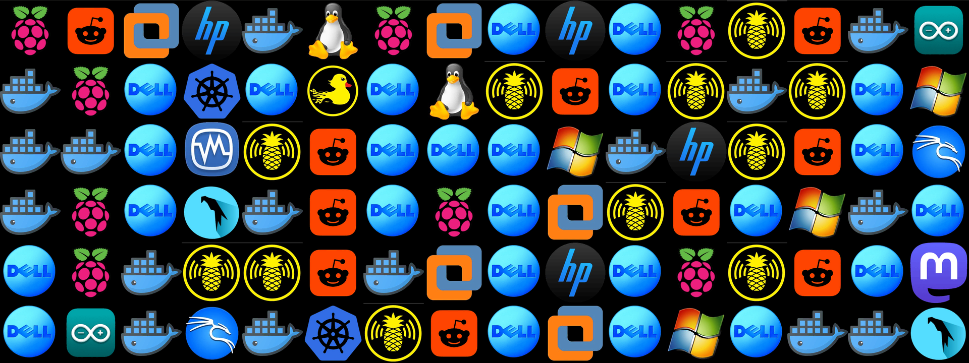 Various symbols of common tech/hacker brands aligned in a grid
